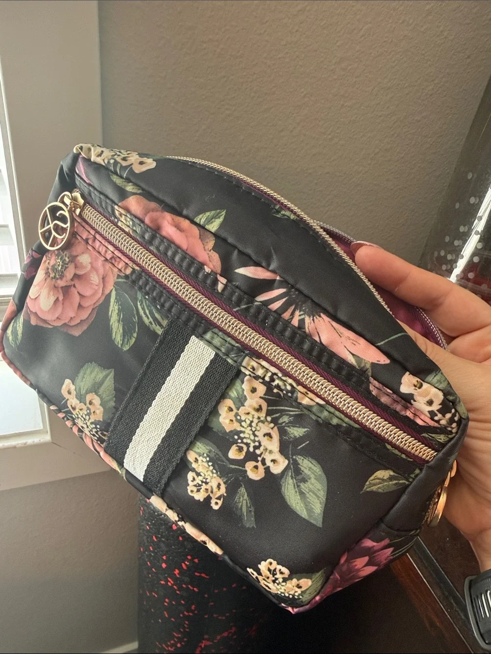 Black Floral Crossbody Bag with Gold Accent makeup purse Sonia Kashuk clutch
